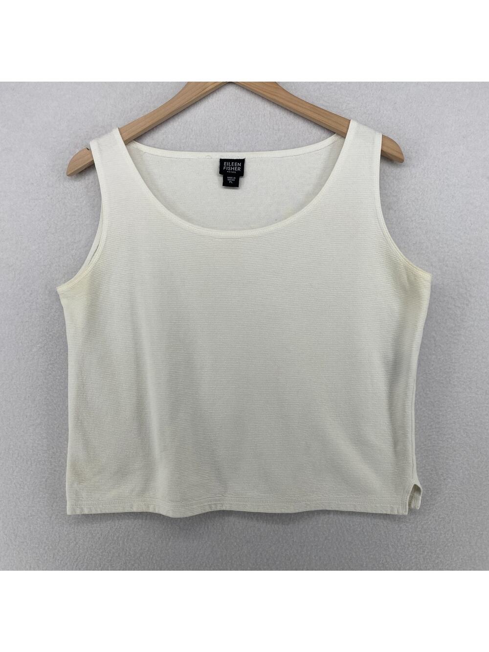 EILEEN FISHER Tank Top PL Petite Cotton Textured Boxy Scoop Neck Off White